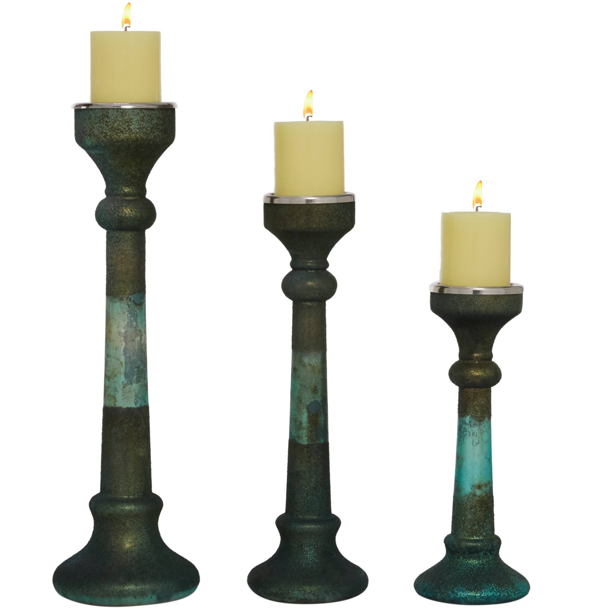 Green Glass Vintage Candle Holder Set